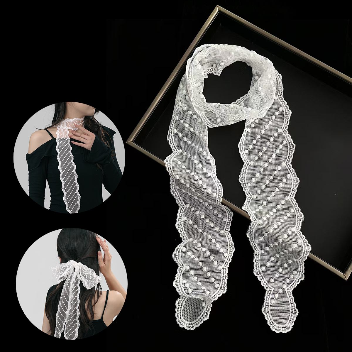Embroidery Ribbon - Long Women Lace Floral Hair Scarf