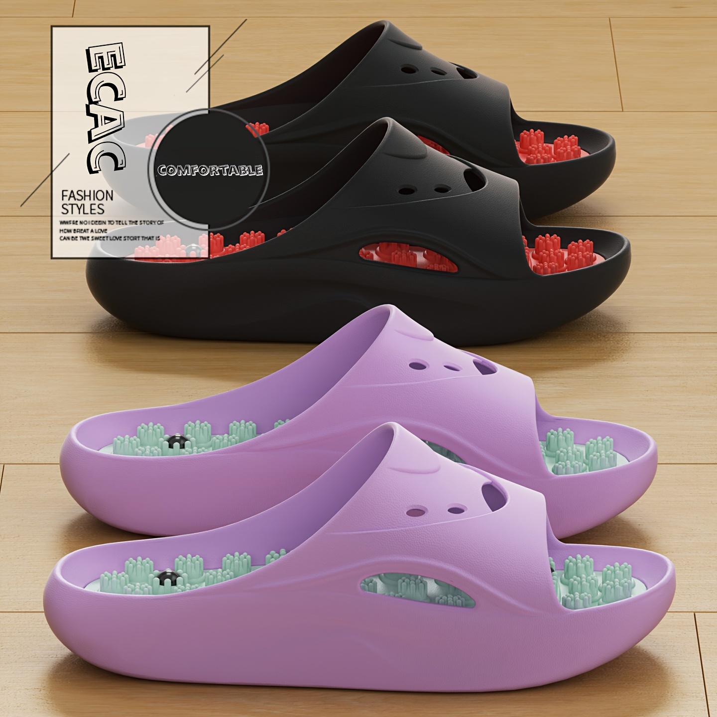 Embroidery Flat Shoes - Women Men EVA Massage Slippers Thick