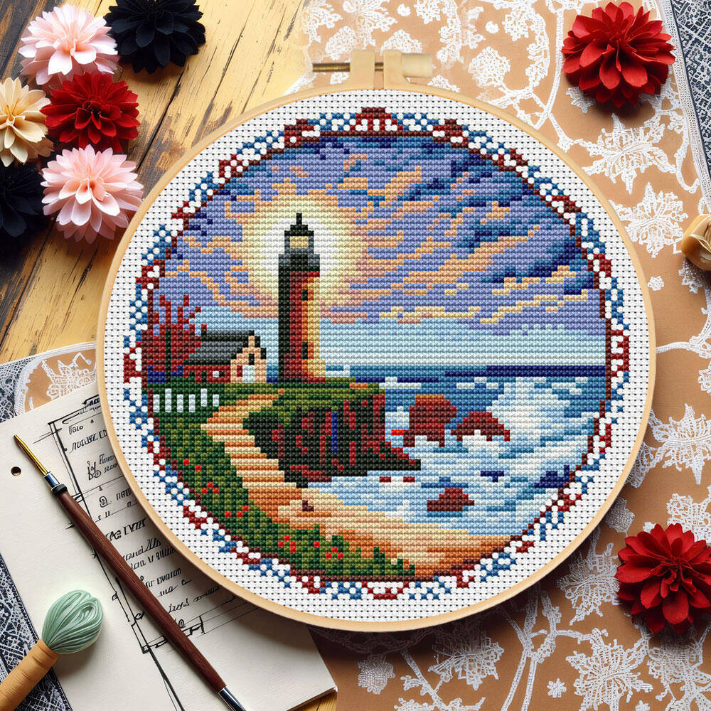 Stitch Marker Ring - Cross Stitch Lighthouse With Hoop Tools