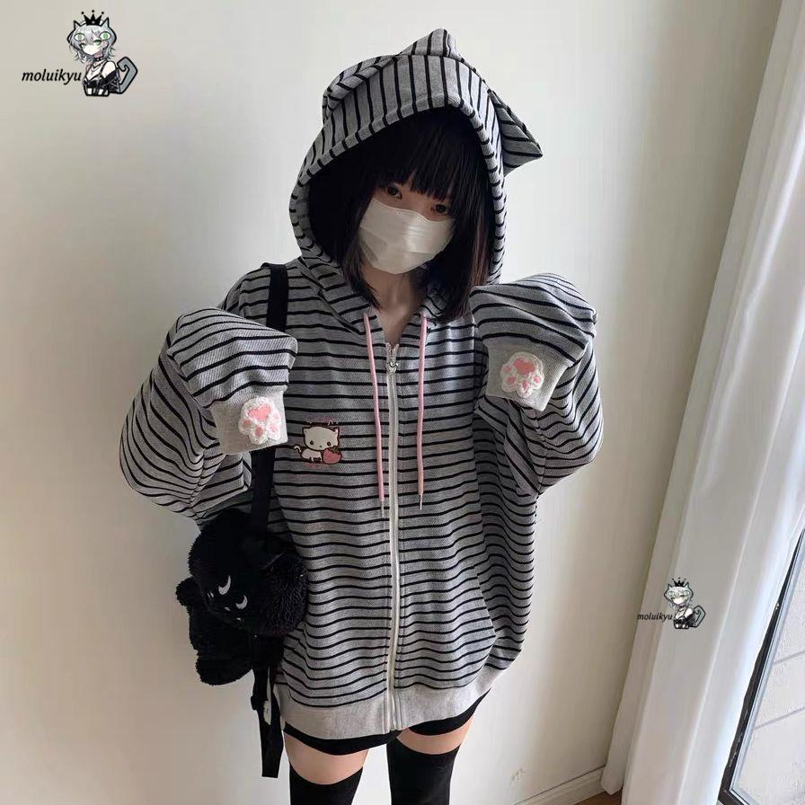 Y2K Women Striped Zip Up Jacke - đánh giá và giá Embroidery Cat