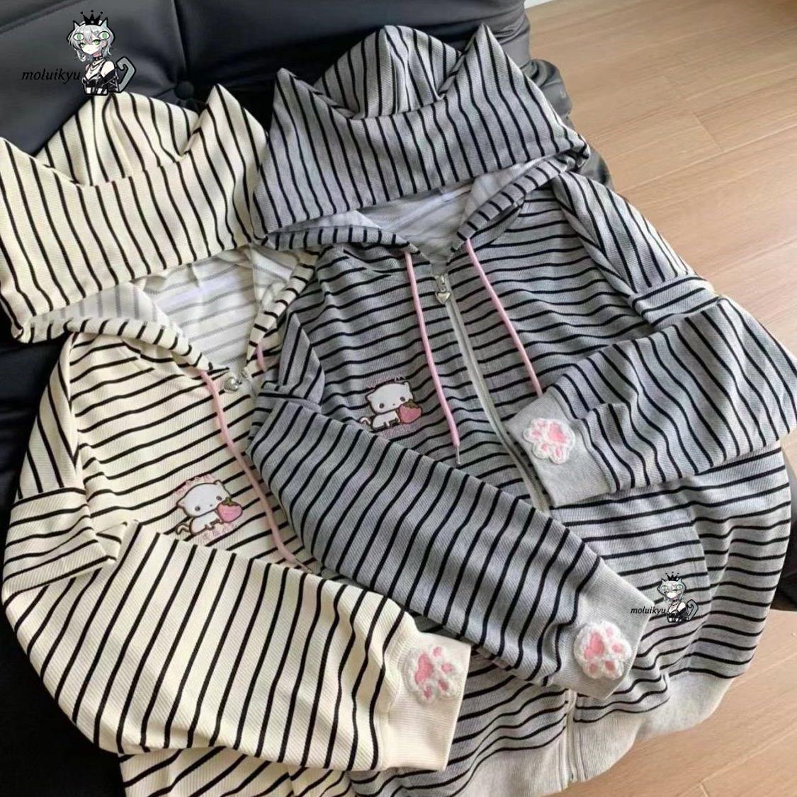 Y2K Women Striped Zip Up Jacke - đánh giá và giá Embroidery Cat