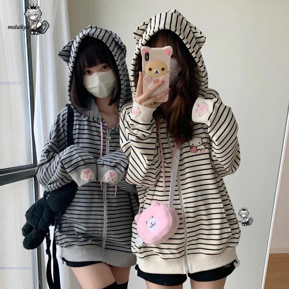 Y2K Women Striped Zip Up Jacke - đánh giá và giá Embroidery Cat