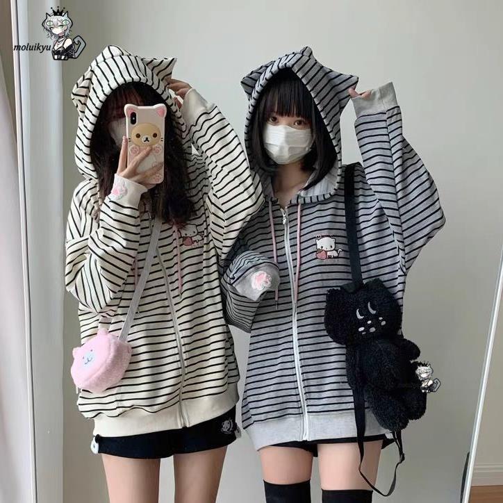 Y2K Women Striped Zip Up Jacke - đánh giá và giá Embroidery Cat