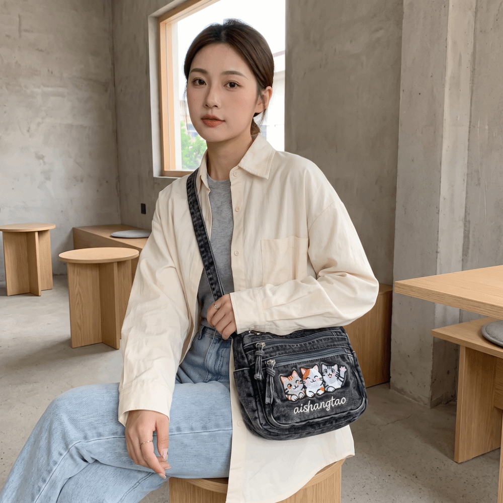 Vintage Fabric Denim Crossbody - đánh giá và giá Embroidery Cat